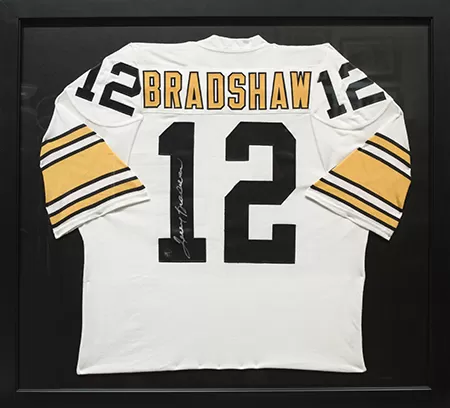 Jersey with Black Background custom framing example featuring Jerseys Bradshaw Black m in Austin