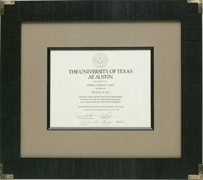 Diplomas custom framing example in Austin